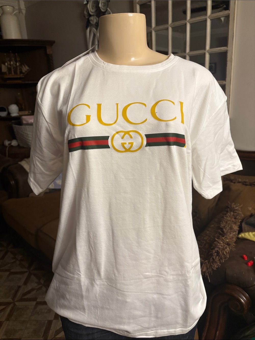 Gucci White Tee with Yellow Logo and Green-Red Stripe